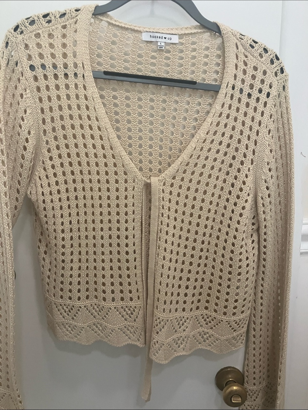 Hooked Up by IOT Beige Open-Knit Tie-Front Cardigan